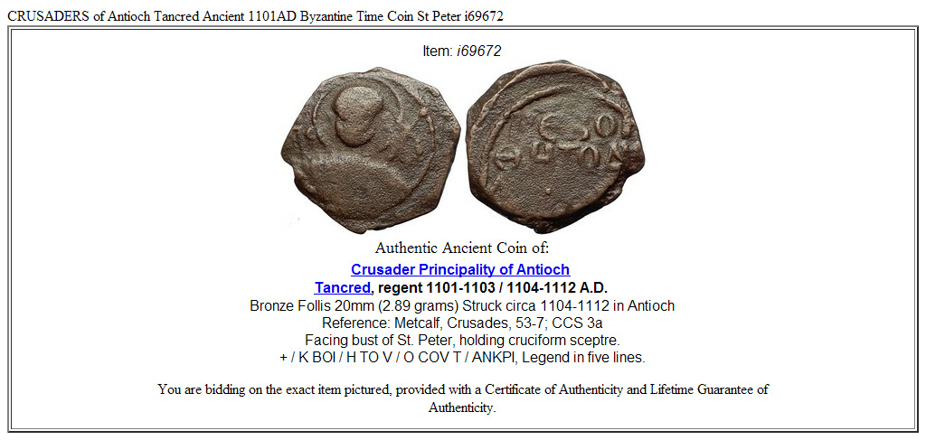 CRUSADERS of Antioch Tancred Ancient 1101AD Byzantine Time Coin St Peter i69672