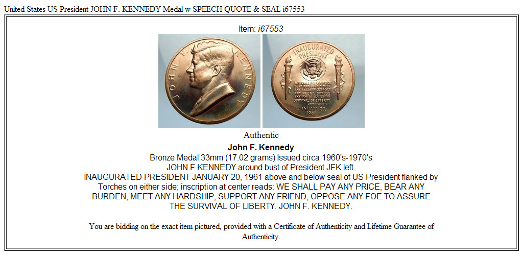 United States US President JOHN F. KENNEDY Medal w SPEECH QUOTE & SEAL i67553