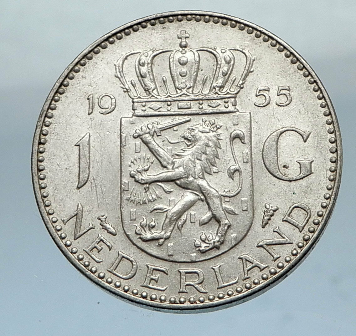 1955 NETHERLANDS Queen JULIAN 1 Gulden SILVER Coin CROWNED COAT-of-ARMS i66873