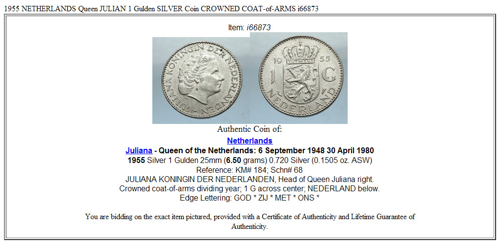 1955 NETHERLANDS Queen JULIAN 1 Gulden SILVER Coin CROWNED COAT-of-ARMS i66873