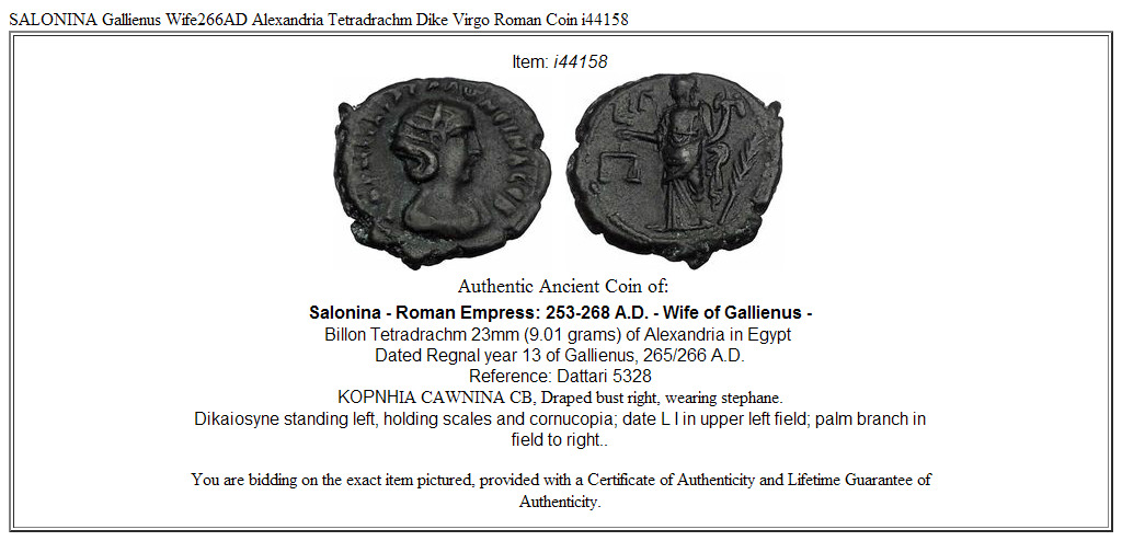 SALONINA Gallienus Wife266AD Alexandria Tetradrachm Dike Virgo Roman Coin i44158