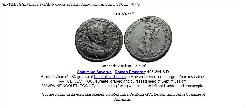 SEPTIMIUS SEVERUS 193AD Nicopolis ad Istrum Ancient Roman Coin w TYCHE i70773