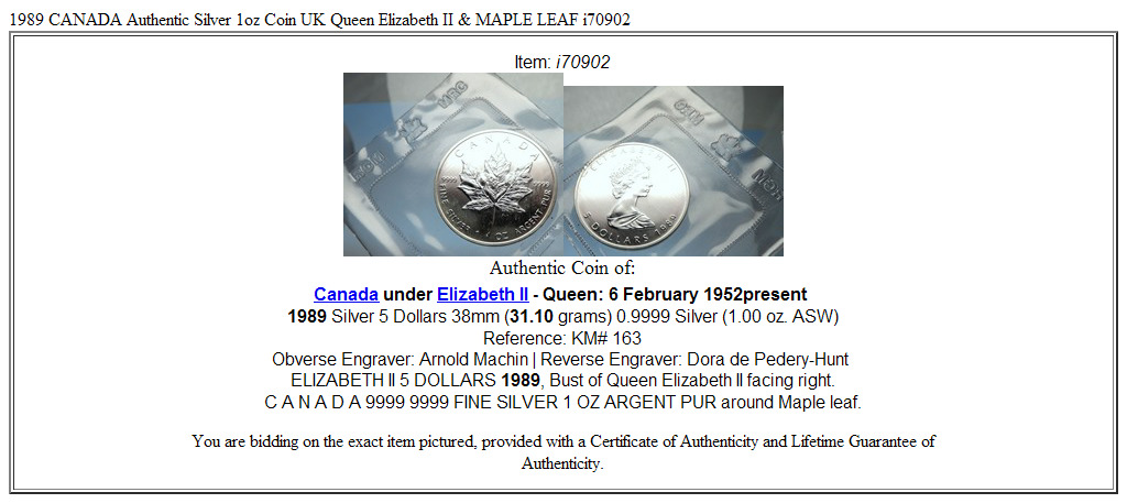 1989 CANADA Authentic Silver 1oz Coin UK Queen Elizabeth II & MAPLE LEAF i70902