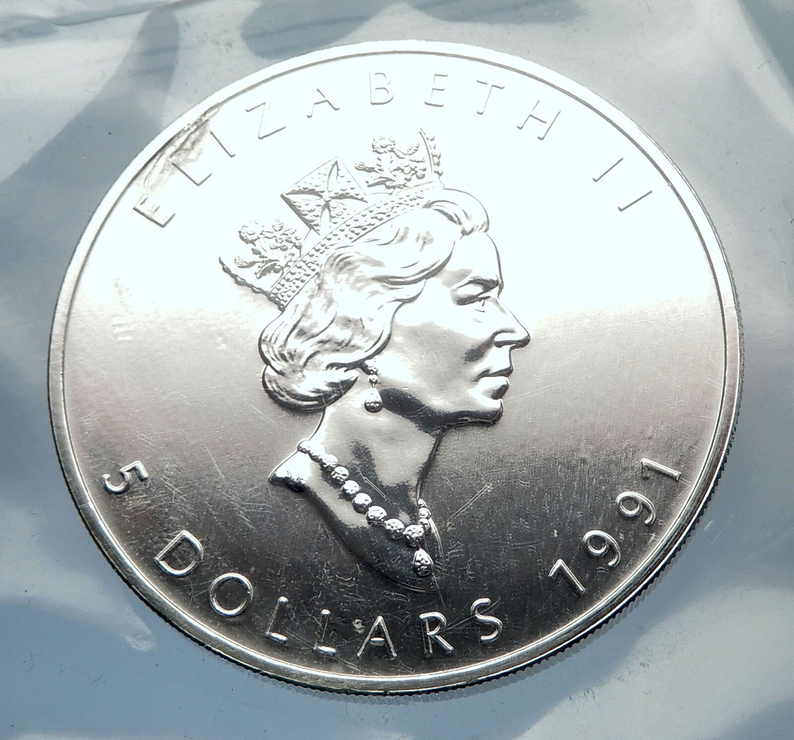 1991 CANADA Authentic Silver 1oz Coin UK Queen Elizabeth II & MAPLE LEAF i70906