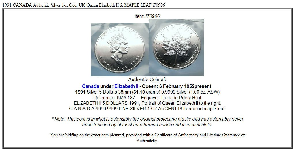 1991 CANADA Authentic Silver 1oz Coin UK Queen Elizabeth II & MAPLE LEAF i70906