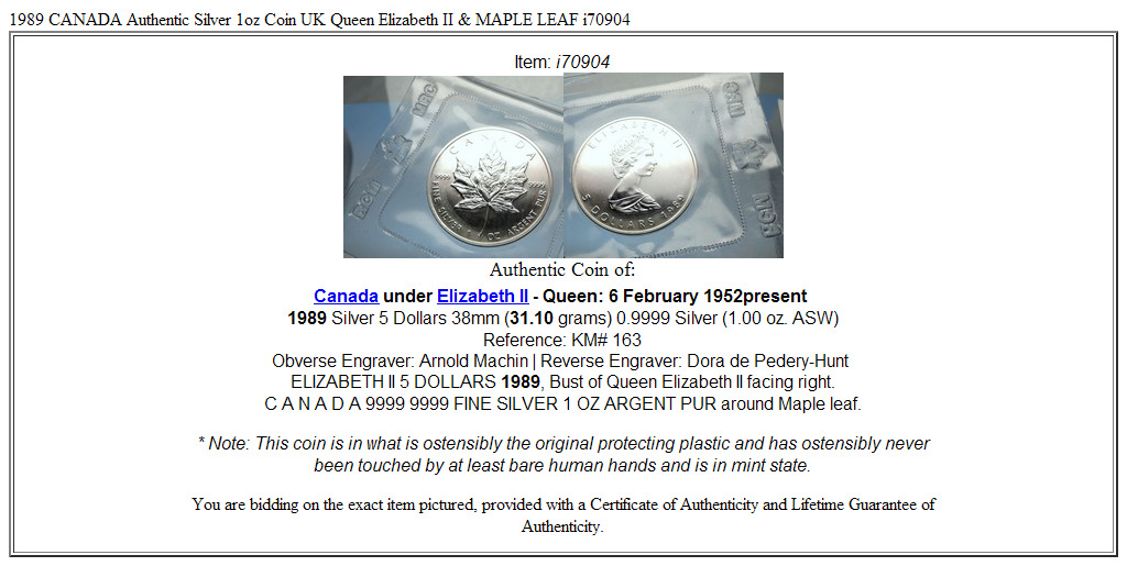 1989 CANADA Authentic Silver 1oz Coin UK Queen Elizabeth II & MAPLE LEAF i70904