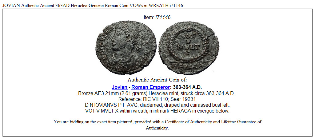 JOVIAN Authentic Ancient 363AD Heraclea Genuine Roman Coin VOWs in WREATH i71146