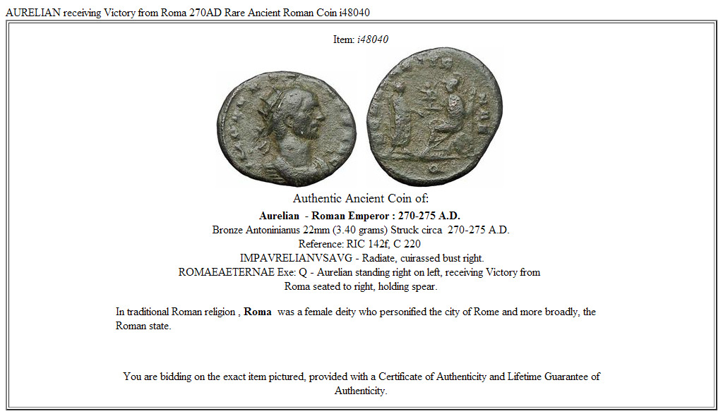 AURELIAN receiving Victory from Roma 270AD Rare Ancient Roman Coin i48040