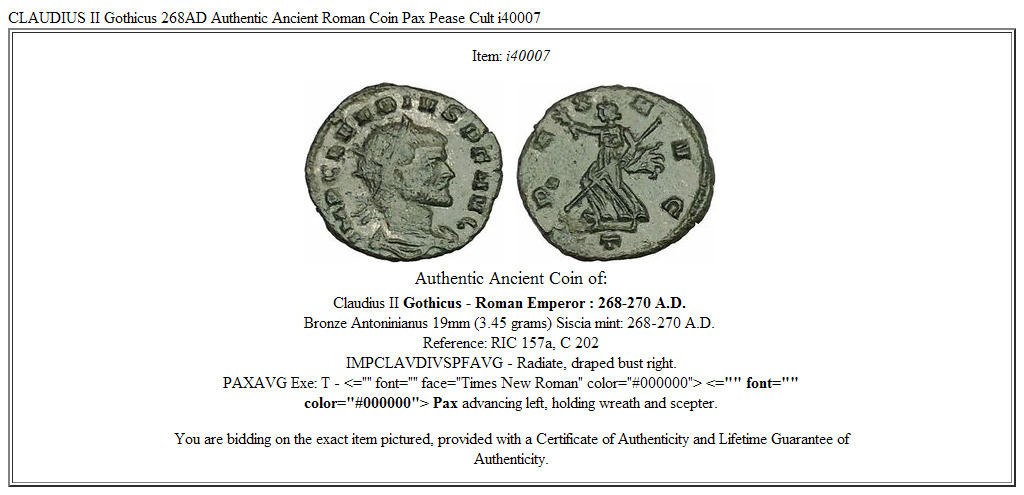 CLAUDIUS II Gothicus 268AD Authentic Ancient Roman Coin Pax Pease Cult i40007