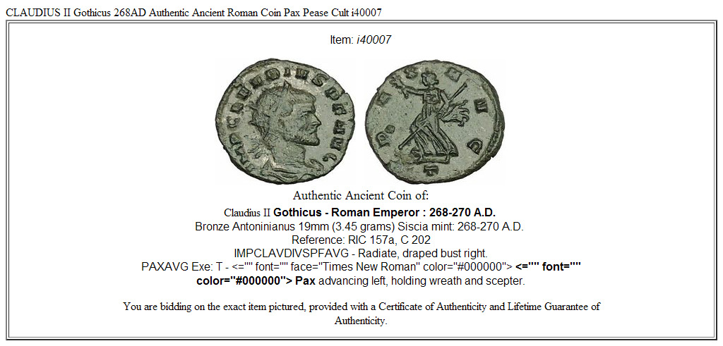 CLAUDIUS II Gothicus 268AD Authentic Ancient Roman Coin Pax Pease Cult i40007