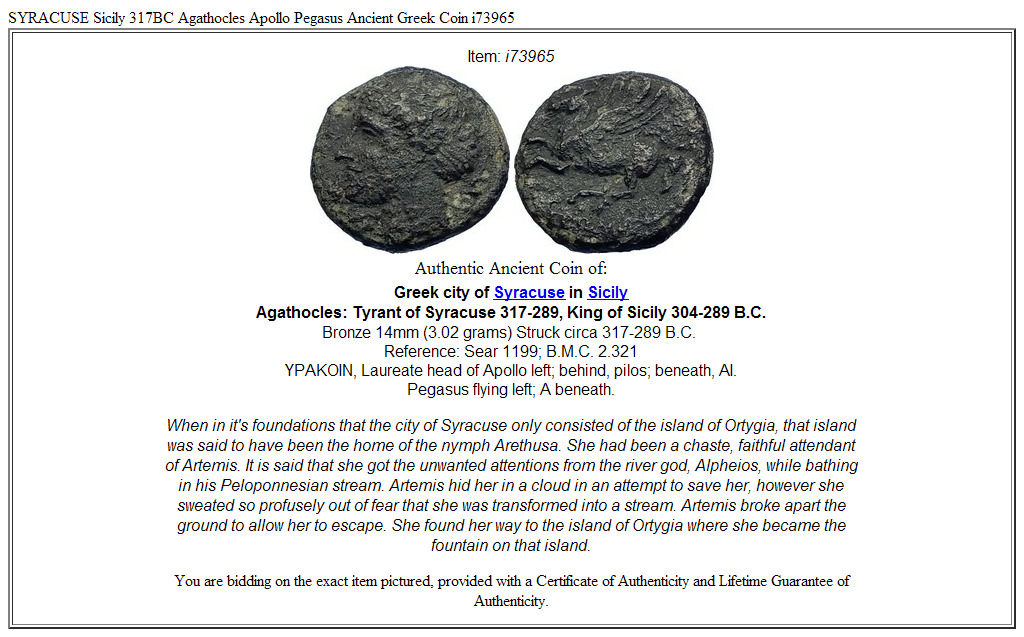 SYRACUSE Sicily 317BC Agathocles Apollo Pegasus Ancient Greek Coin i73965