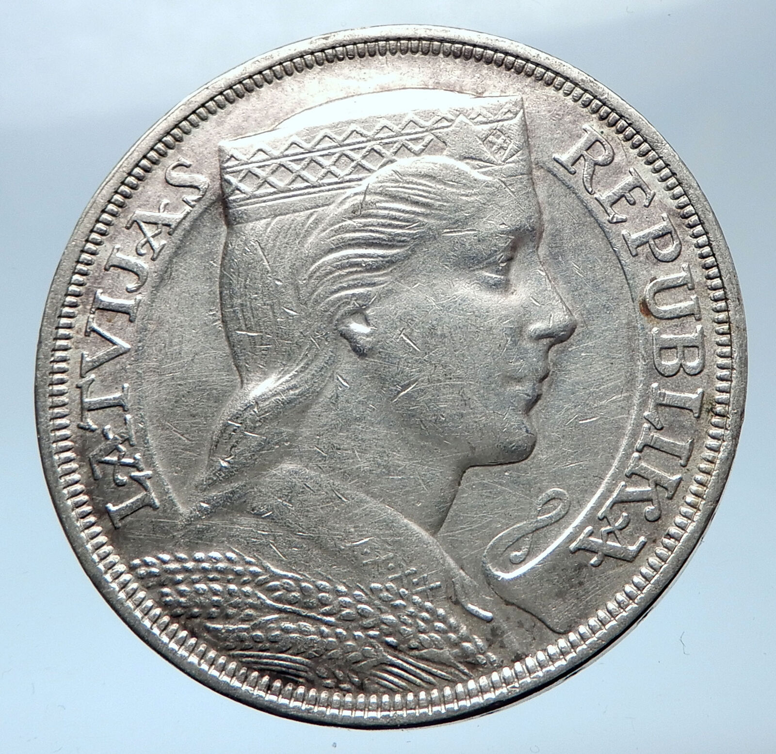 1931 LATVIA w Female Headwear 5 Lati LARGE Vintage Silver European Coin i73911