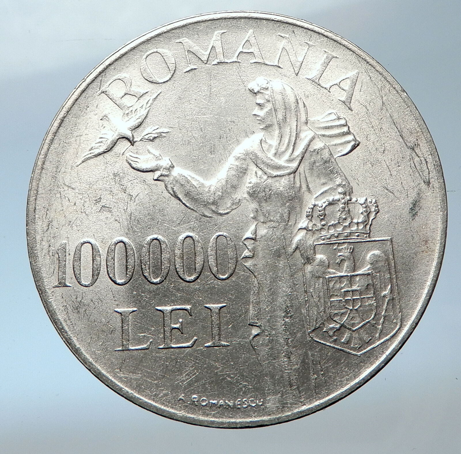 1946 ROMANIA under Michael I w Romanian Lady and Bird Silver Vintage Coin i73849