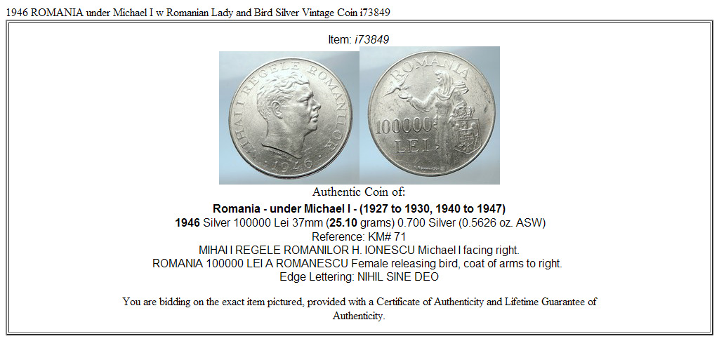 1946 ROMANIA under Michael I w Romanian Lady and Bird Silver Vintage Coin i73849