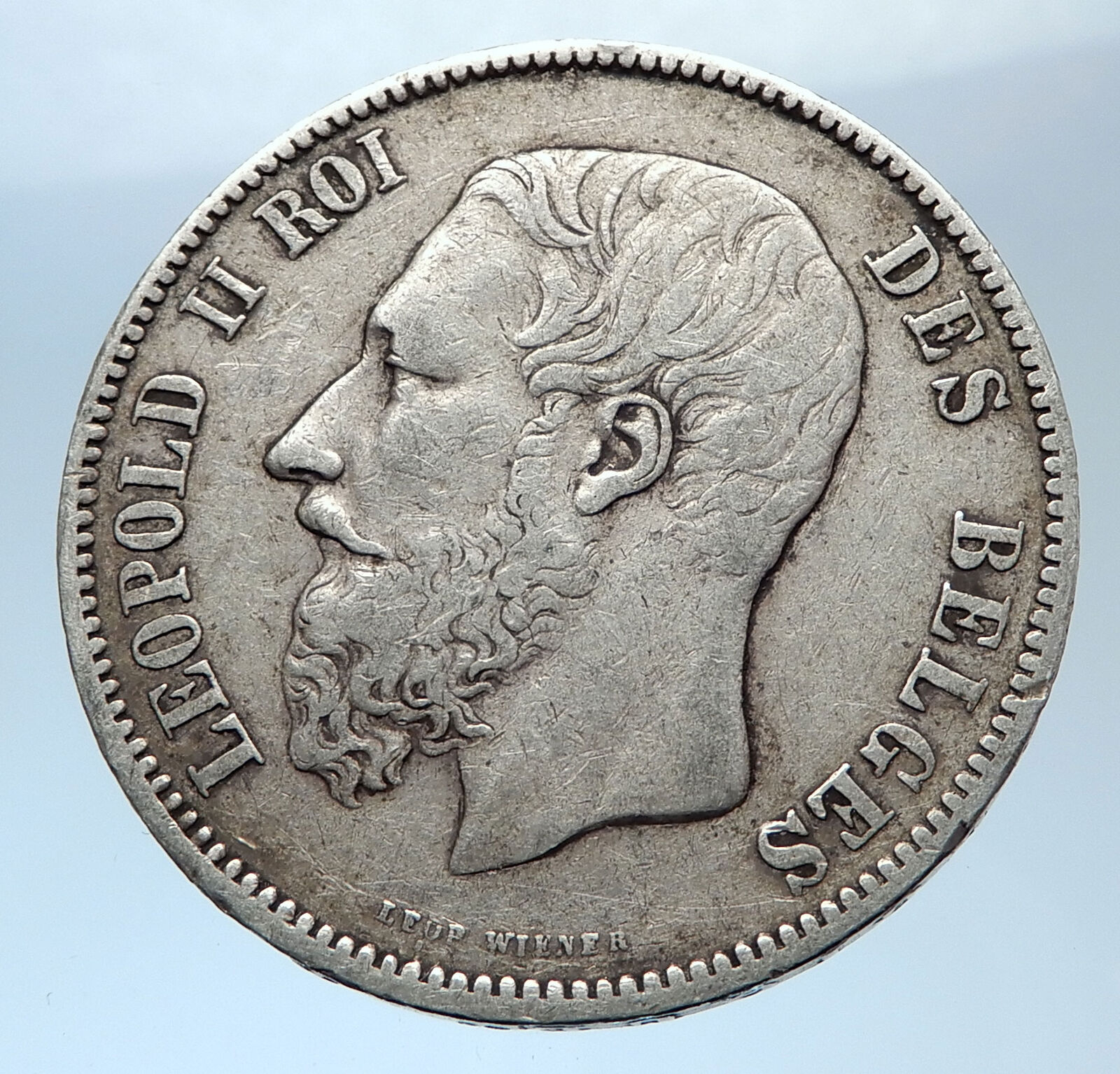 1873 BELGIUM with King LEOPOLD II and LION Antique Silver 5 Francs Coin i73976