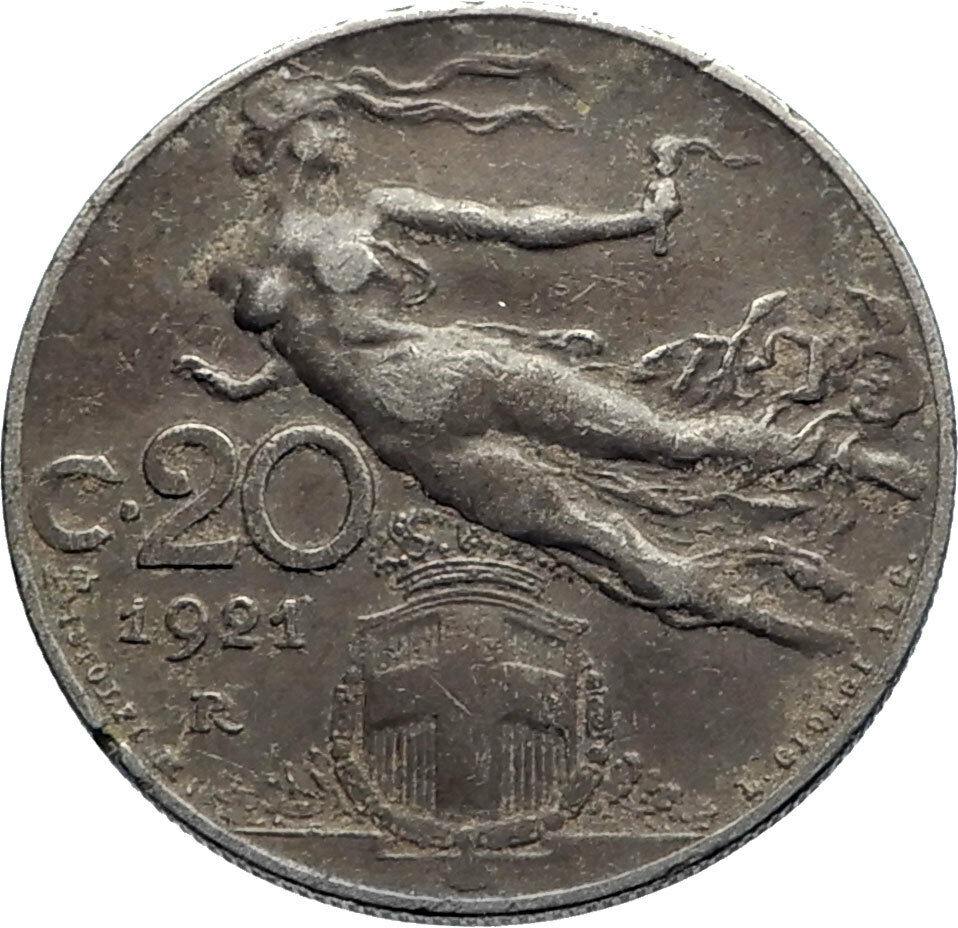 1921 ITALY King Victor Emmanuel III Artistic Antique 20 Centesimi Coin i74174