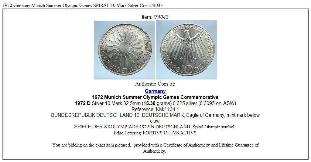 1972 Germany Munich Summer Olympic Games SPIRAL 10 Mark Silver Coin i74043