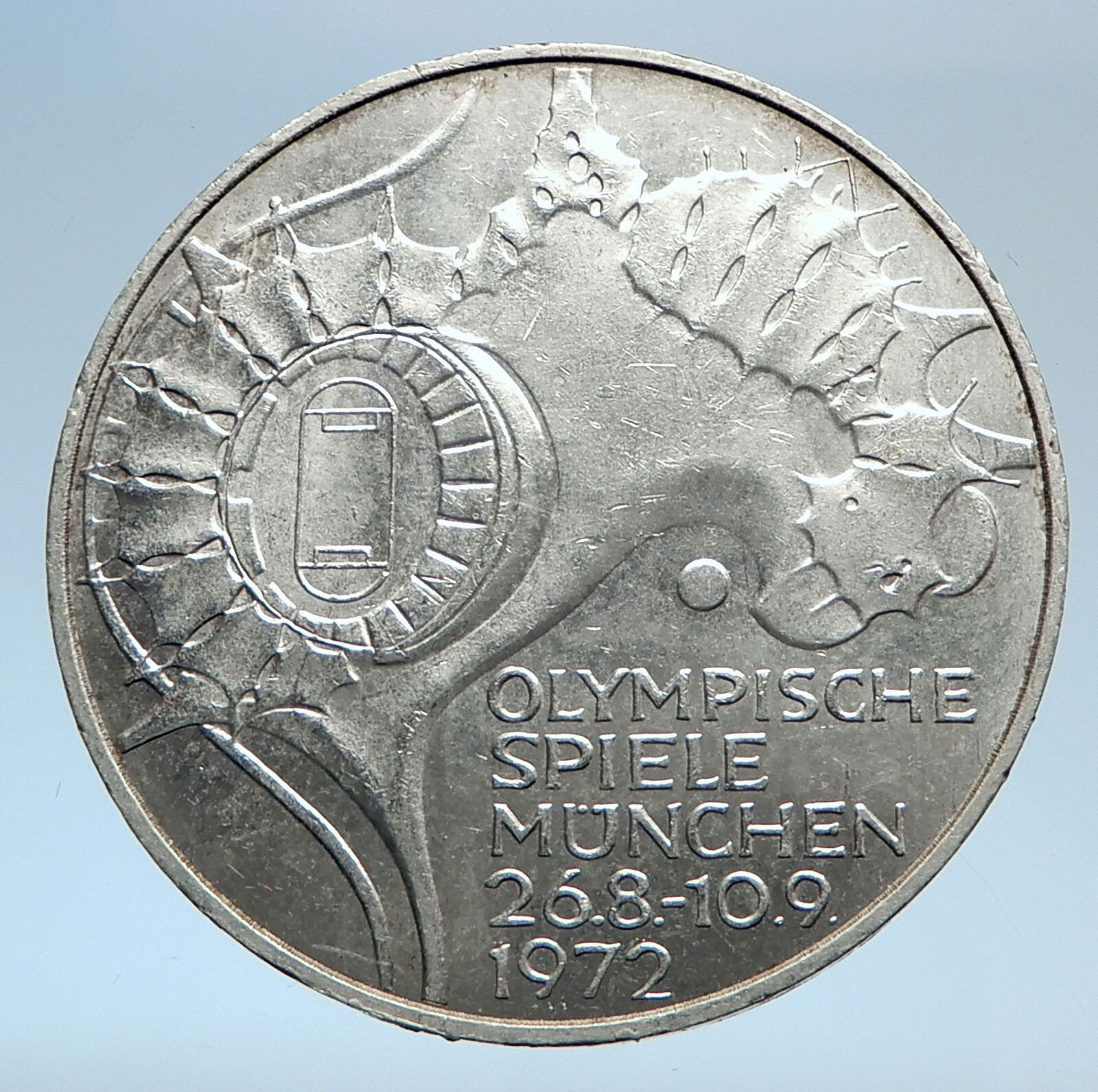 1972 Germany Munich Summer Olympic Games Stadium 10 Mark Silver Coin i74042