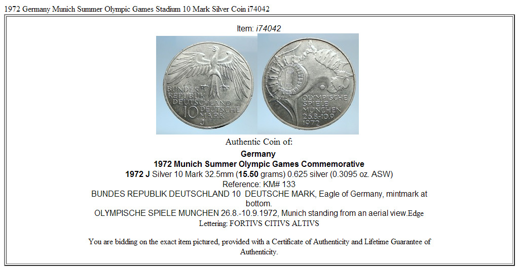 1972 Germany Munich Summer Olympic Games Stadium 10 Mark Silver Coin i74042