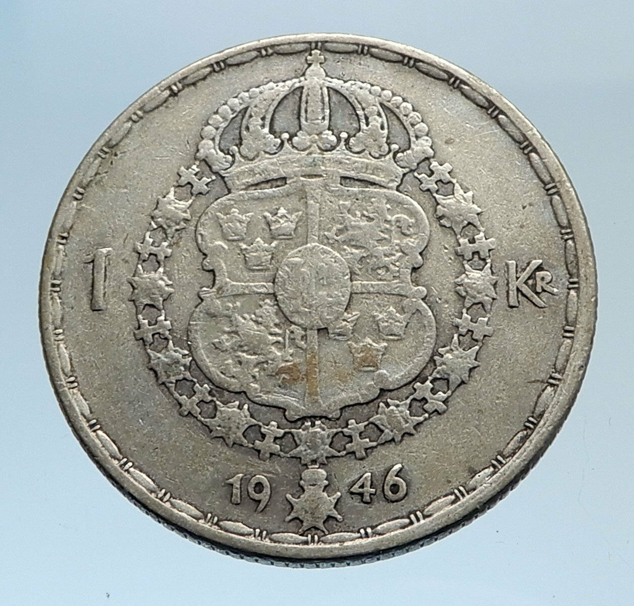 1946 Sweden GUSTAF V Silver Krona Crowned ARMS Antique Vintage Coin i74303