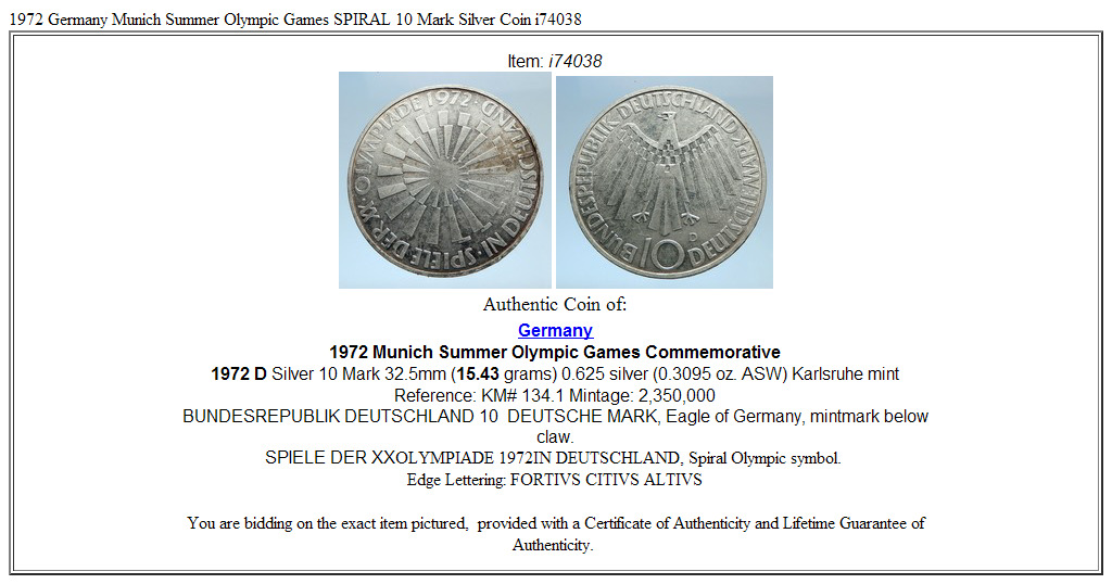 1972 Germany Munich Summer Olympic Games SPIRAL 10 Mark Silver Coin i74038