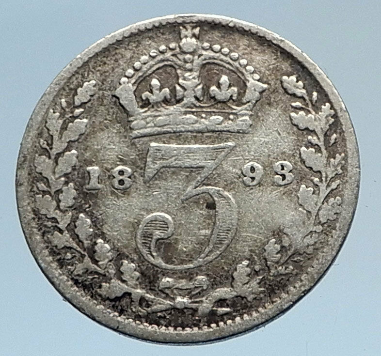 1893 UK Great Britain United Kingdom QUEEN VICTORIA 3 Pence Silver Coin i74292