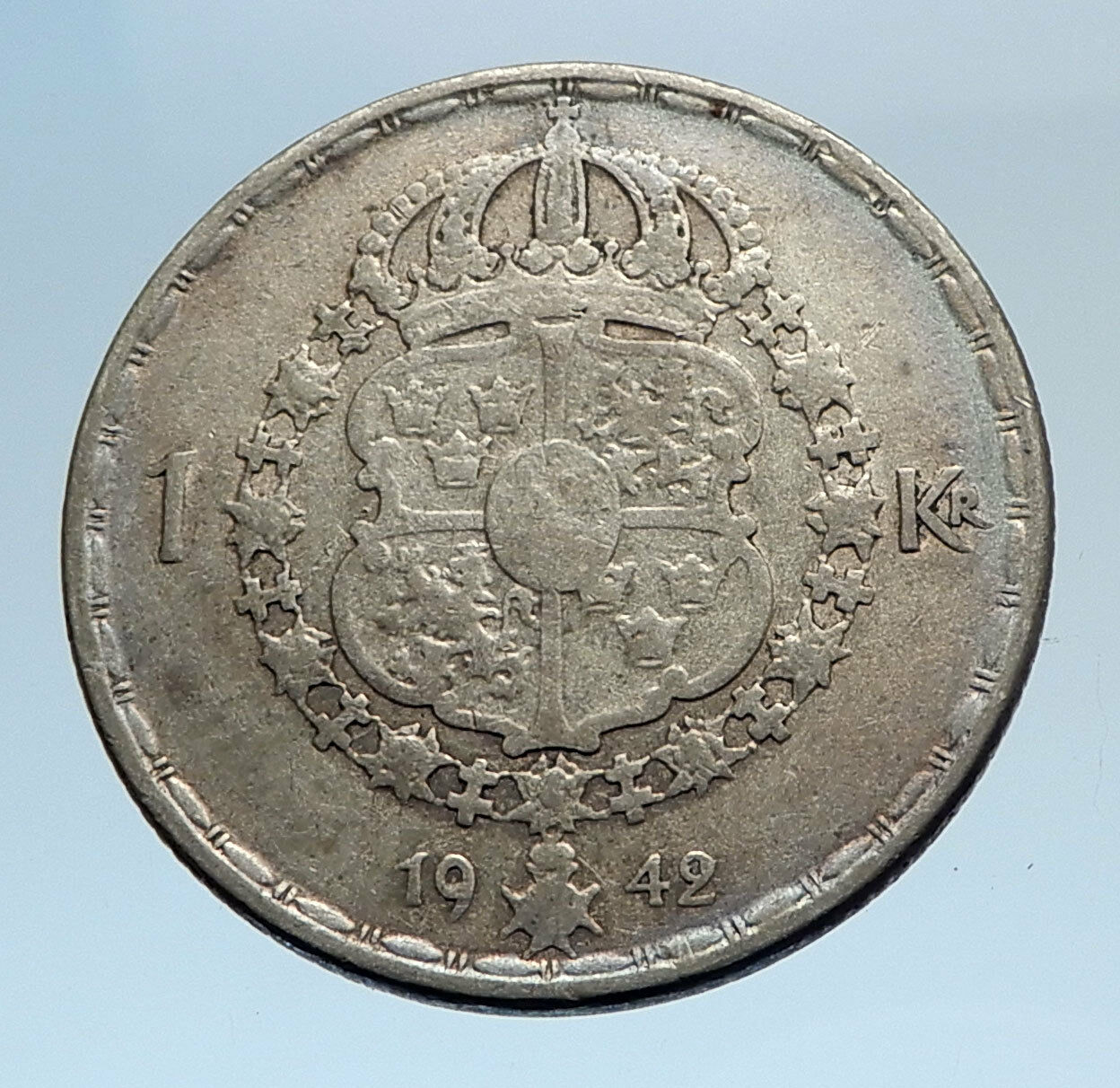 1942 Sweden GUSTAF V Silver Krona Crowned ARMS Antique Vintage Coin i74291