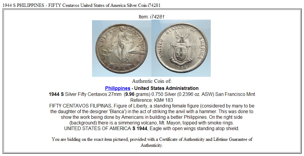 1944 S PHILIPPINES - FIFTY Centavos United States of America Silver Coin i74281