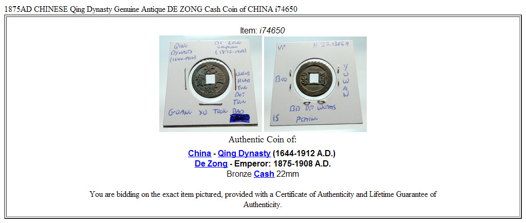 1875AD CHINESE Qing Dynasty Genuine Antique DE ZONG Cash Coin of CHINA i74650