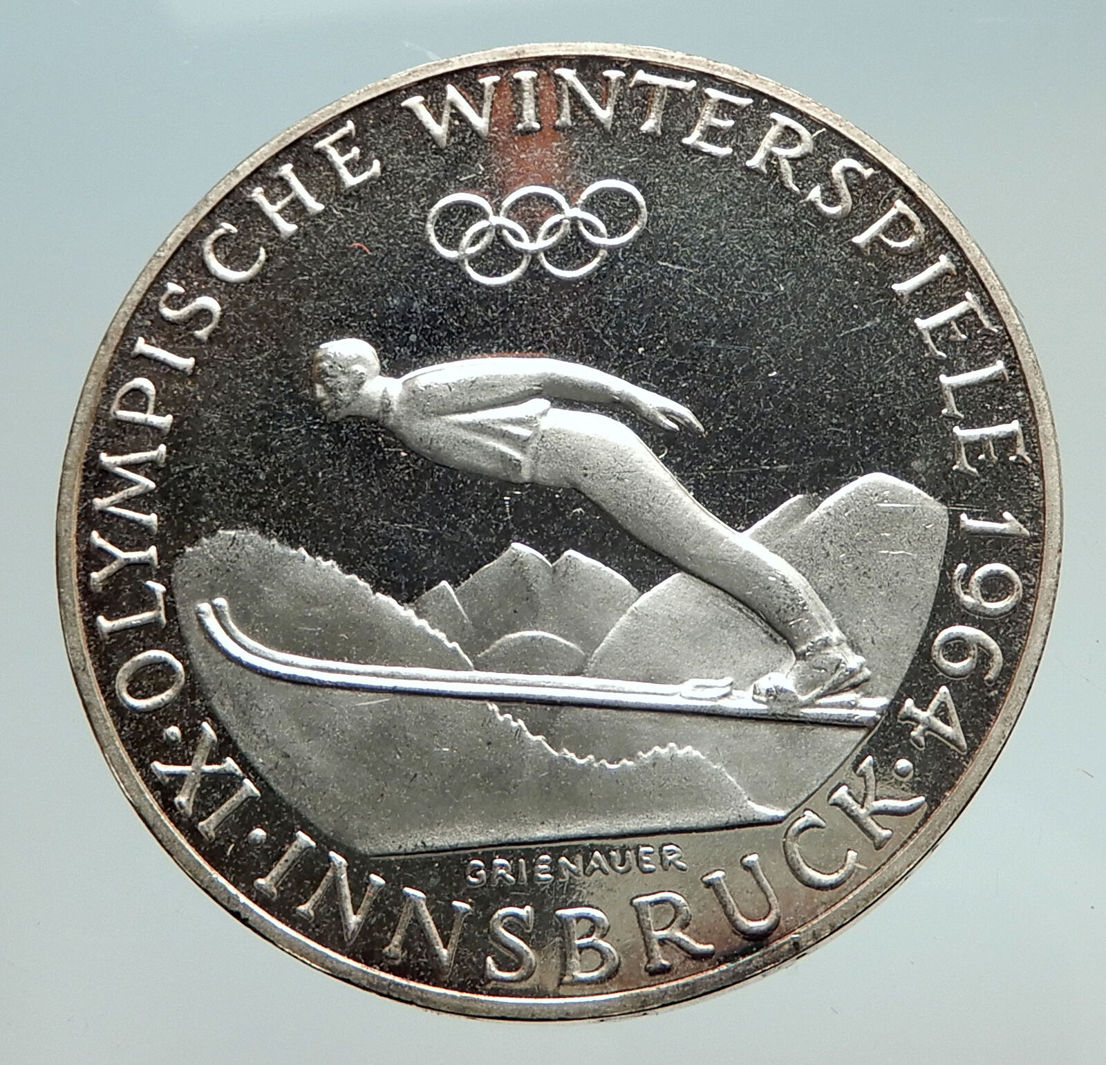 1964 AUSTRIA Innsbruck Winter Olympic Games SKIING Silver Proof 50 S Coin i74732