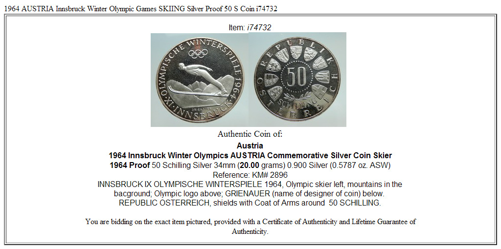 1964 AUSTRIA Innsbruck Winter Olympic Games SKIING Silver Proof 50 S Coin i74732