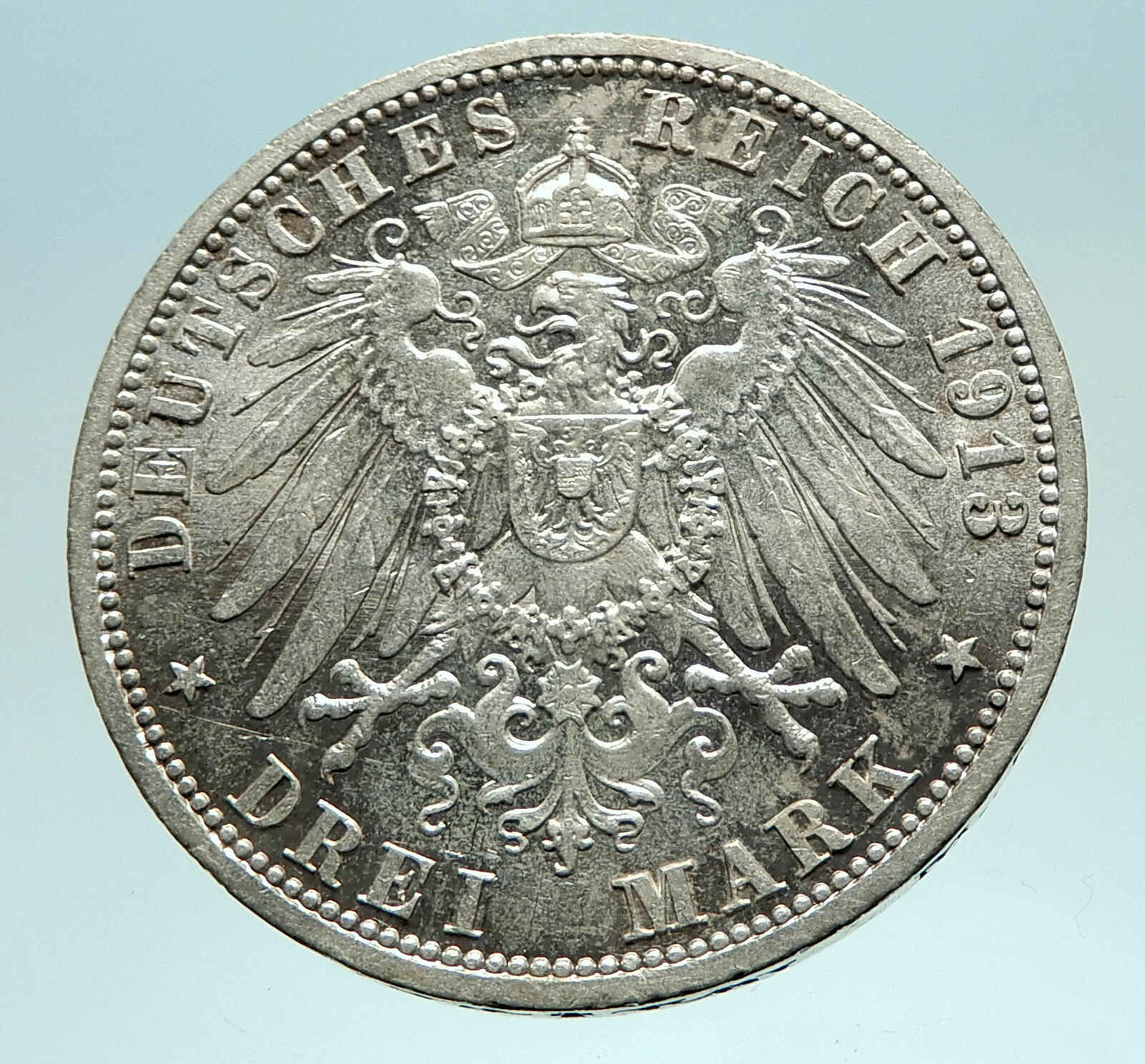 1913 GERMANY GERMAN STATES PRUSSIA WILHELM II Genuine Silver 3 Mark Coin i76108