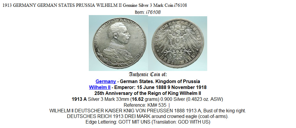 1913 GERMANY GERMAN STATES PRUSSIA WILHELM II Genuine Silver 3 Mark Coin i76108