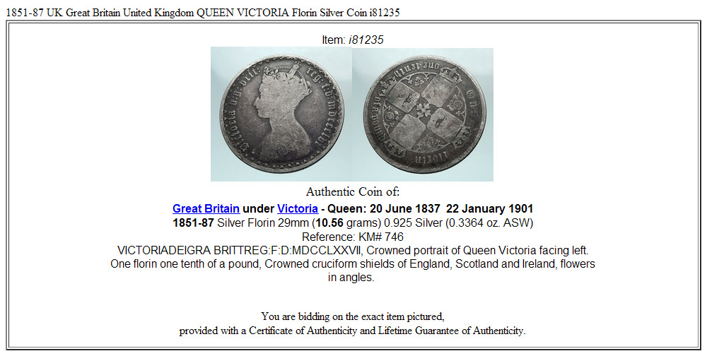 1851-87 UK Great Britain United Kingdom QUEEN VICTORIA Florin Silver Coin i81235