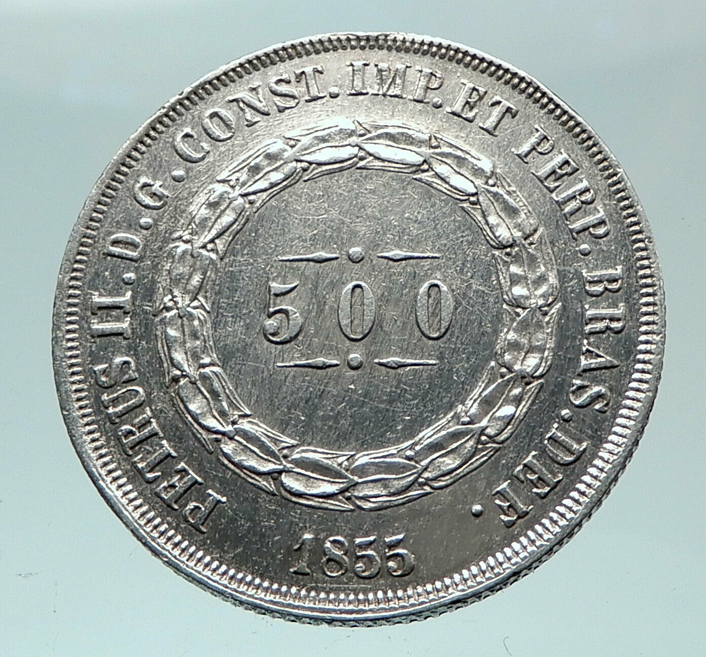 1855 BRAZIL Antique Brazilian Coat-Of-Arms Genuine Silver 500 Reis Coin i81587