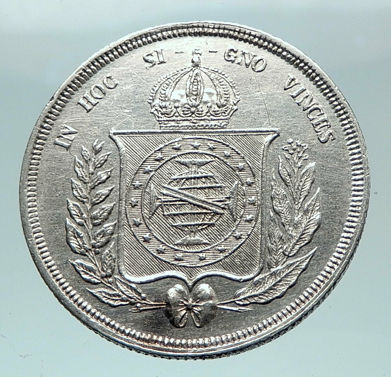 1855 BRAZIL Antique Brazilian Coat-Of-Arms Genuine Silver 500 Reis Coin i81587