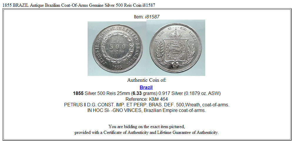 1855 BRAZIL Antique Brazilian Coat-Of-Arms Genuine Silver 500 Reis Coin i81587