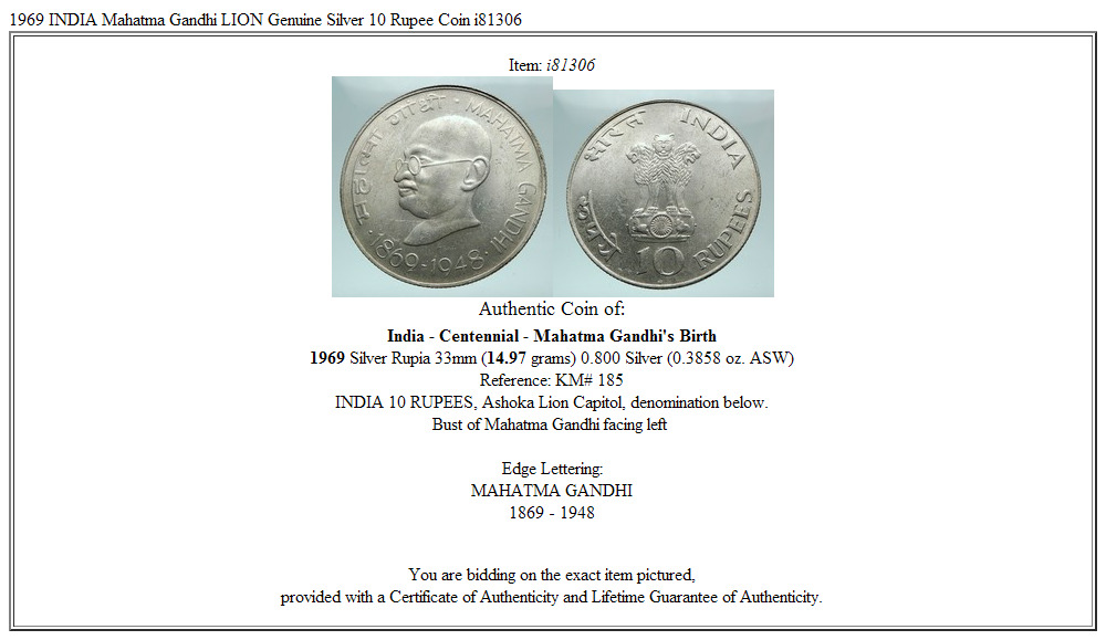 1969 INDIA Mahatma Gandhi LION Genuine Silver 10 Rupee Coin i81306