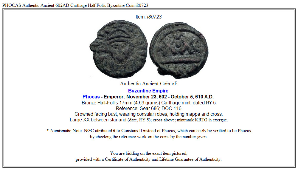 PHOCAS Authentic Ancient 602AD Carthage Half Follis Byzantine Coin i80723