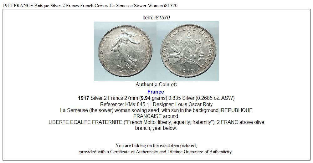 1917 FRANCE Antique Silver 2 Francs French Coin w La Semeuse Sower Woman i81570