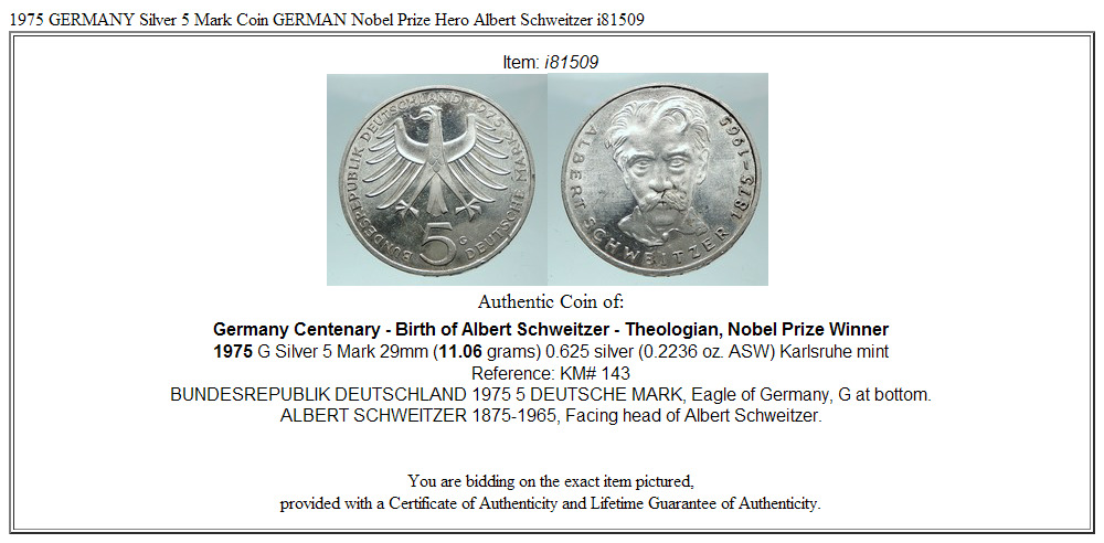 1975 GERMANY Silver 5 Mark Coin GERMAN Nobel Prize Hero Albert Schweitzer i81509