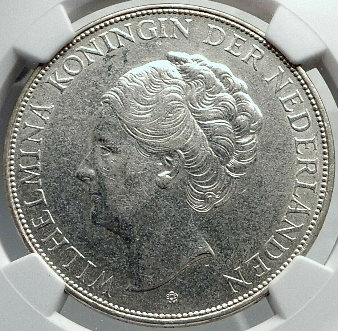 1939 Netherlands Kingdom Queen WILHELMINA 2 1/2 Gulden Silver Coin NGC i81948