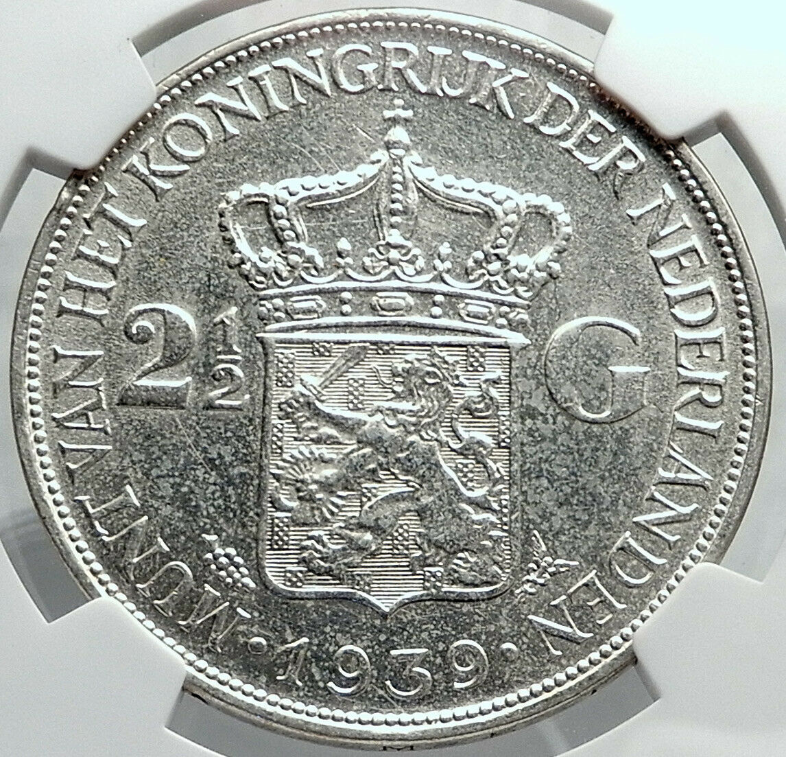 1939 Netherlands Kingdom Queen WILHELMINA 2 1/2 Gulden Silver Coin NGC i81948