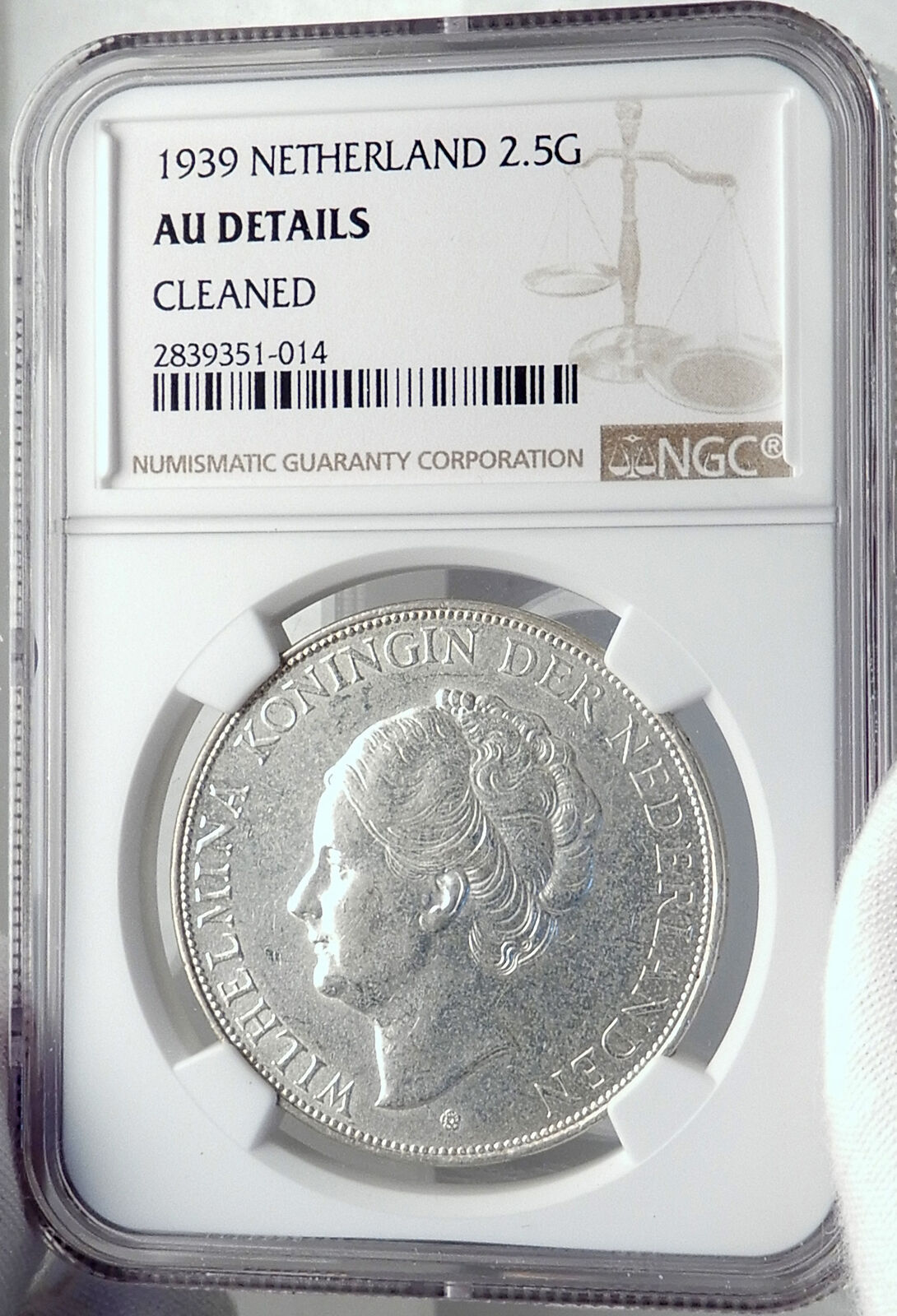 1939 Netherlands Kingdom Queen WILHELMINA 2 1/2 Gulden Silver Coin NGC i81948