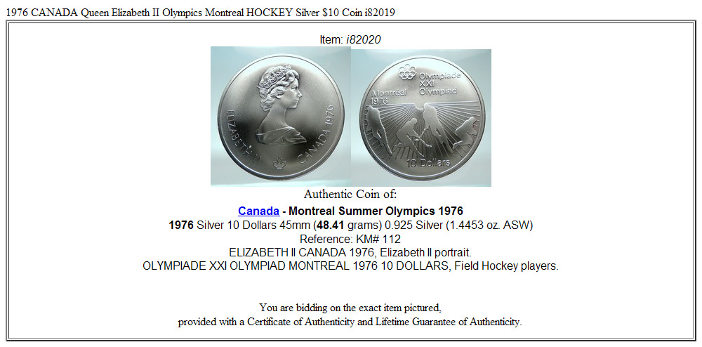 1976 CANADA Queen Elizabeth II Olympics Montreal HOCKEY Silver $10 Coin i82020