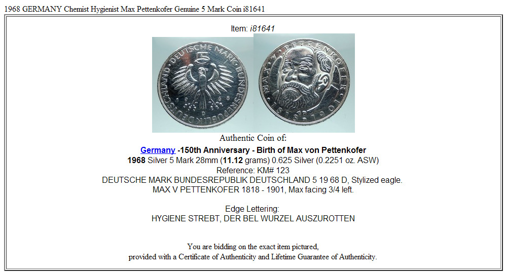 1968 GERMANY Chemist Hygienist Max Pettenkofer Genuine 5 Mark Coin i81641