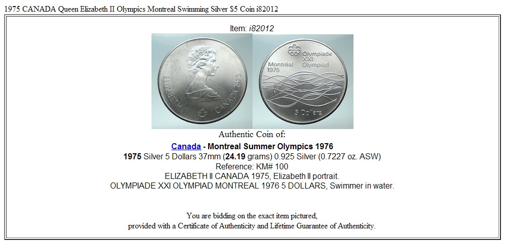 1975 CANADA Queen Elizabeth II Olympics Montreal Swimming Silver $5 Coin i82012