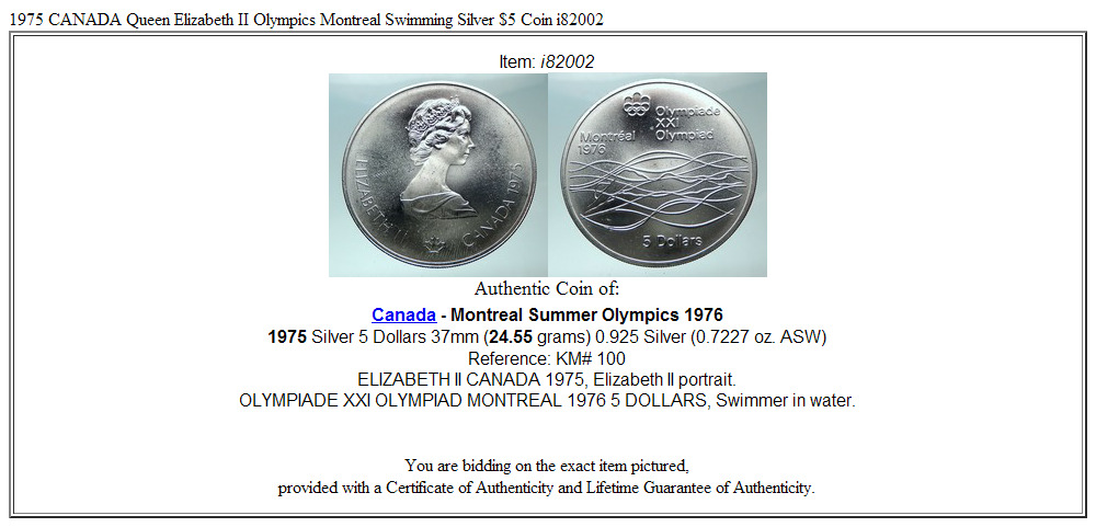 1975 CANADA Queen Elizabeth II Olympics Montreal Swimming Silver $5 Coin i82002