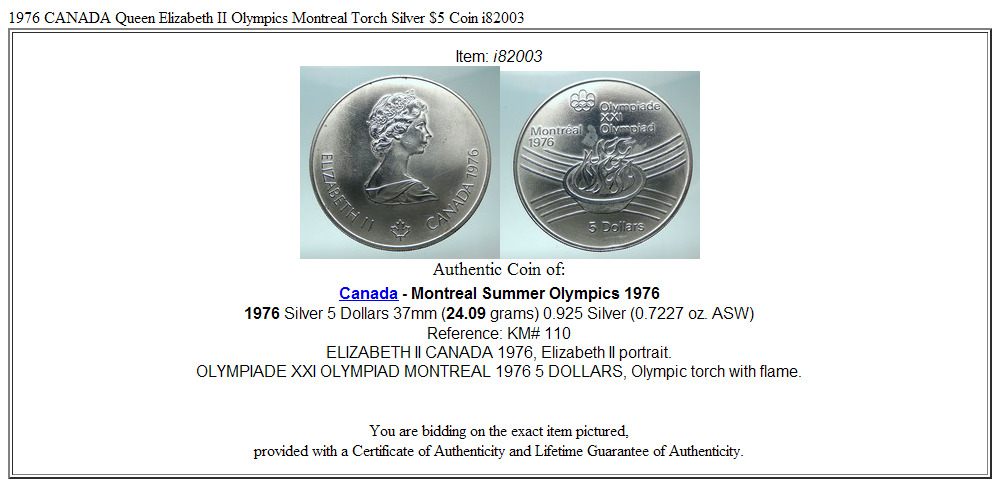 1976 CANADA Queen Elizabeth II Olympics Montreal Torch Silver $5 Coin i82003