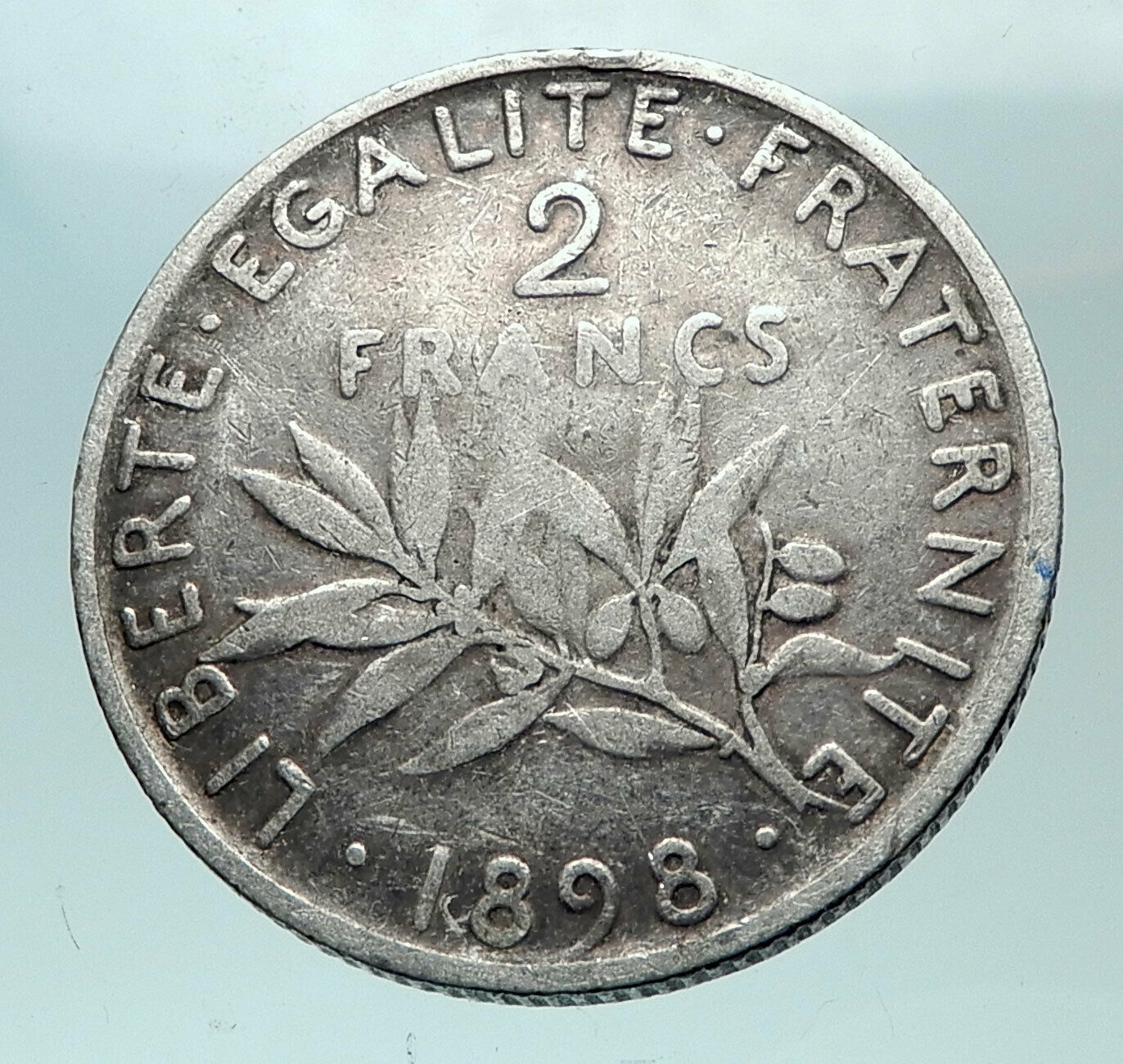 1898 FRANCE Antique Silver 2 Francs French Coin w La Semeuse Sower Woman i82048